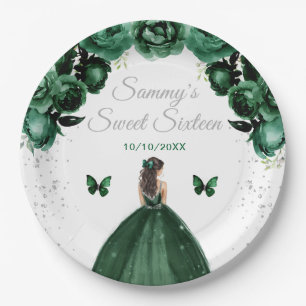 Dark Green Brunette Hair Princess Sweet Sixteen Paper Plates