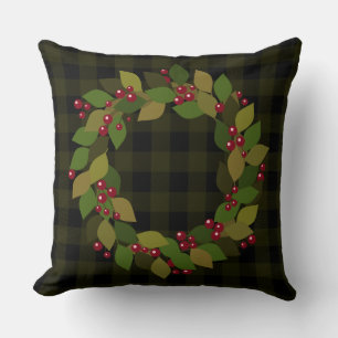 Dark Green Buffalo Plaid   Leaves,  Berries Wreath Throw Pillow