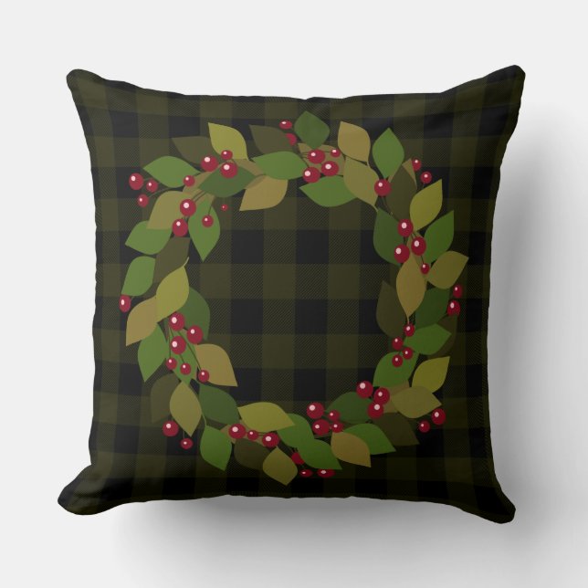 Dark Green Buffalo Plaid | Leaves,  Berries Wreath Throw Pillow (Front)