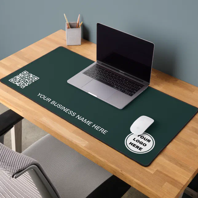 Dark Green Business Logo & QR Code Promotional Desk Mat | Zazzle