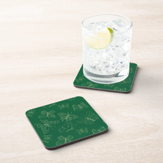 Dark Green Butterfly Print, Nature Inspired Beverage Coaster (Right Side)
