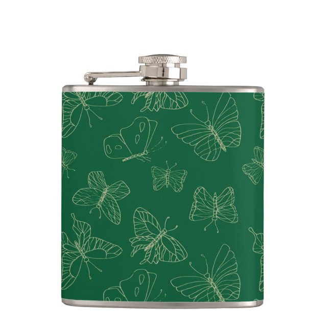 Dark Green Butterfly Print, Nature Inspired Flask (Front)