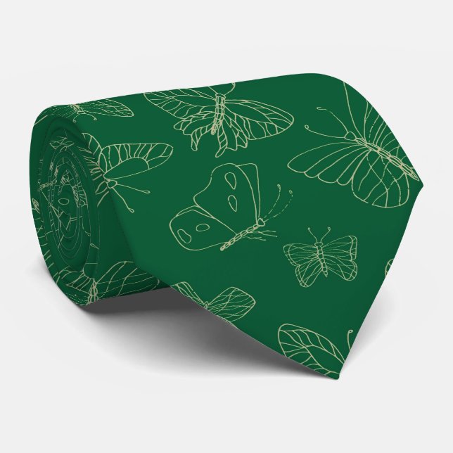 Dark Green Butterfly Print, Nature Inspired Neck Tie (Rolled)