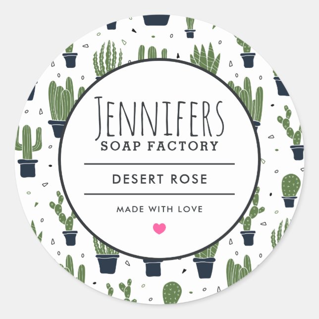 Dark Green Cactus Desert Pattern Candle Soap Scent Classic Round Sticker (Front)