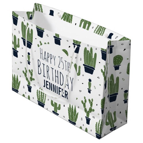 Dark Green Cactus Desert Pattern Happy Birthday Large Gift Bag