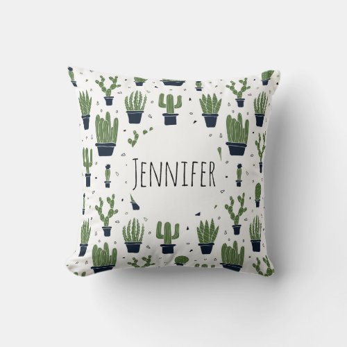 Dark Green Cactus Desert Pattern Throw Pillow