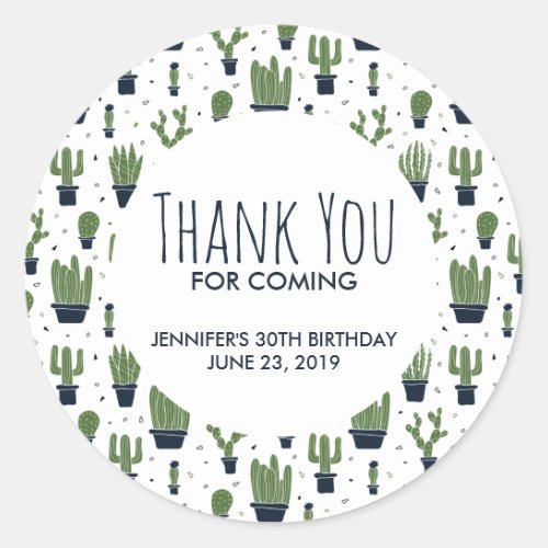 Dark Green Cactus Pattern Birthday Thank You Classic Round Sticker