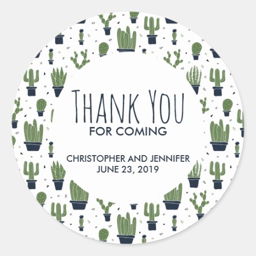 Dark Green Cactus Pattern Wedding Thank You Classic Round Sticker