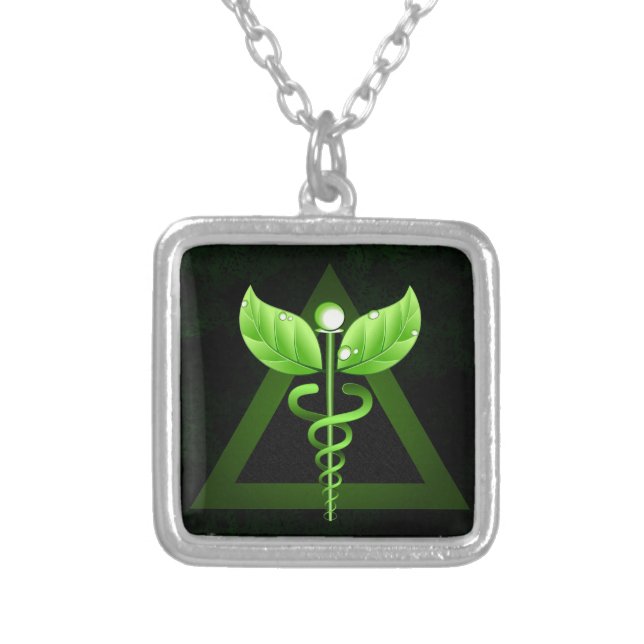 Dark Green Caduceus Alternative Medicine Emblem Silver Plated Necklace (Front)