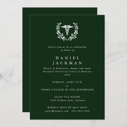 Dark Green Caduceus Medical School Graduation Invitation