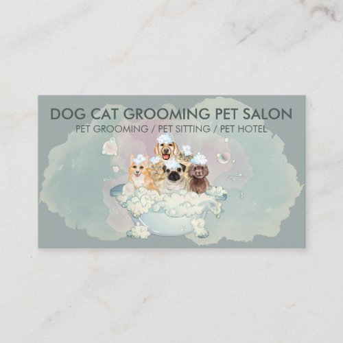 Dark Green Cats Dogs Pet Groomer Business Card