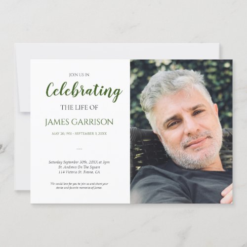 Dark Green Celebration of Life With Photo Funeral Invitation