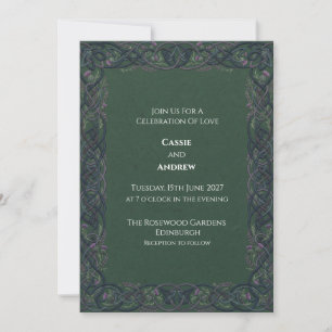 Dark Green Celtic Knot Thistle Wedding Invitation