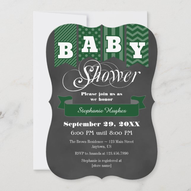 Dark Green Chalkboard Flag Baby Shower Invite (Front)