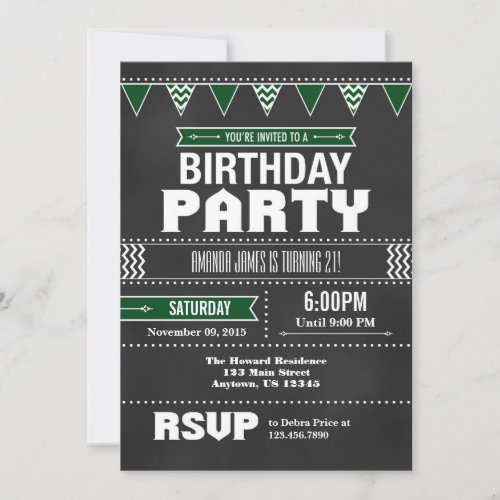 Dark Green Chevron Chalkboard Birthday Invitation