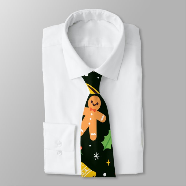 Dark Green Christmas Abstract Pattern Neck Tie (Tied)