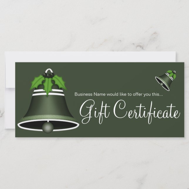 Dark Green Christmas Bell Holiday Gift Certificate (Front)