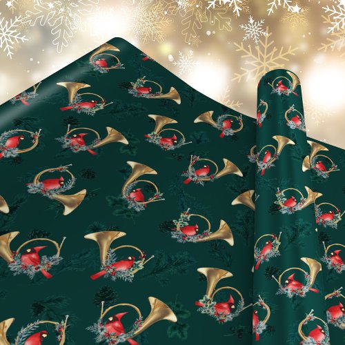 Dark Green Christmas Music Cardinals in Post Horns Wrapping Paper