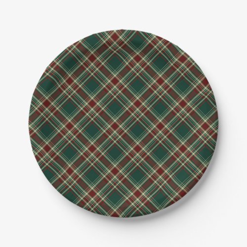 Dark Green Christmas Plaid Pattern Paper Plates