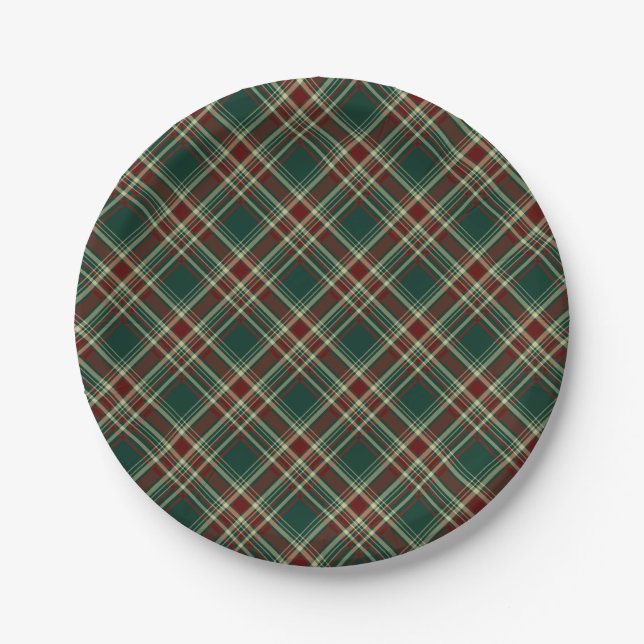 Dark Green Christmas Plaid Pattern Paper Plates (Front)