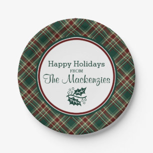 Dark Green Christmas Plaid Personalized Paper Plates