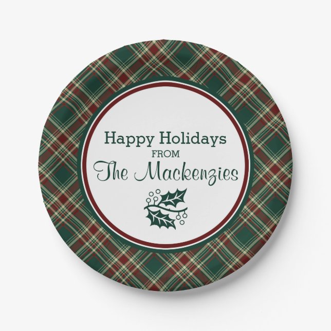 Dark Green Christmas Plaid Personalized Paper Plates (Front)