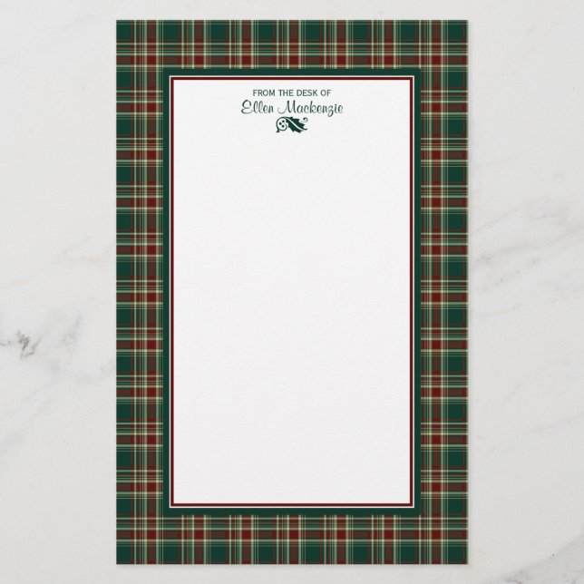 Dark Green Christmas Plaid Personalized Stationery (Front)