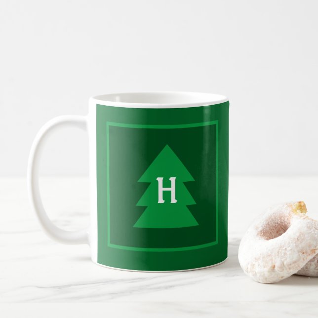 Dark Green Christmas Tree Custom Initial Elegant Coffee Mug (With Donut)