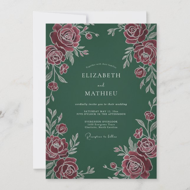 Dark Green Classic Botanical Wedding Invitation (Front)