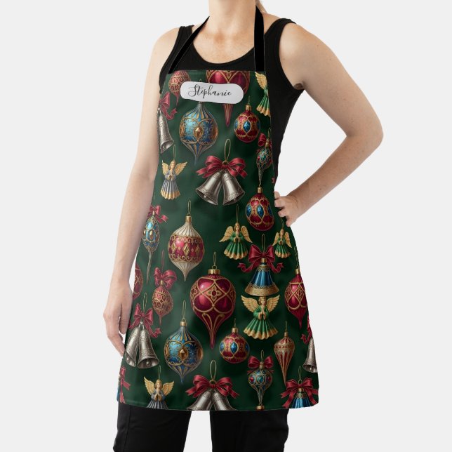 Dark Green Classic Ornament Pattern Personalized Apron (Insitu)