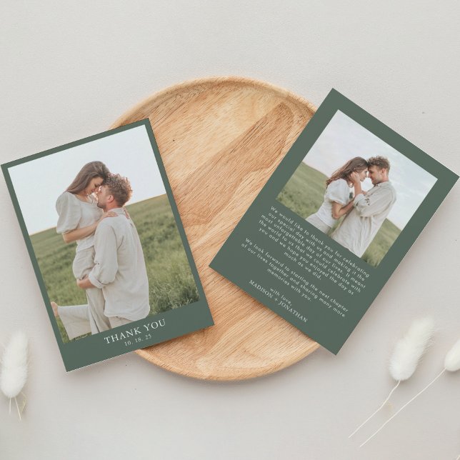 Dark Green Classy Simple 2 Photo Wedding Thank You Card (Creator Uploaded)