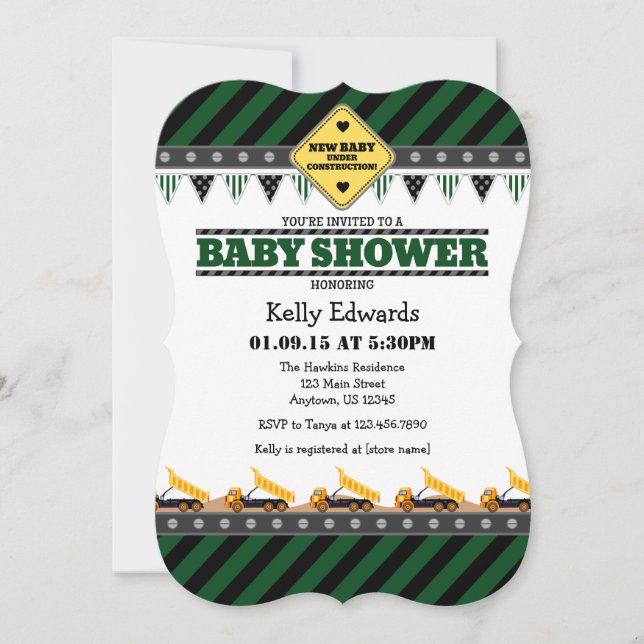 Dark Green Construction Baby Shower Invitation (Front)