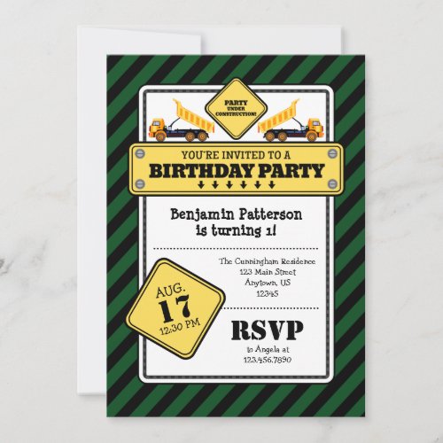 Dark Green Construction Birthday Invitation