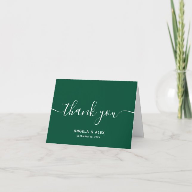Dark Green Contemporary Elegant Font Wedding Thank You Card (Front)