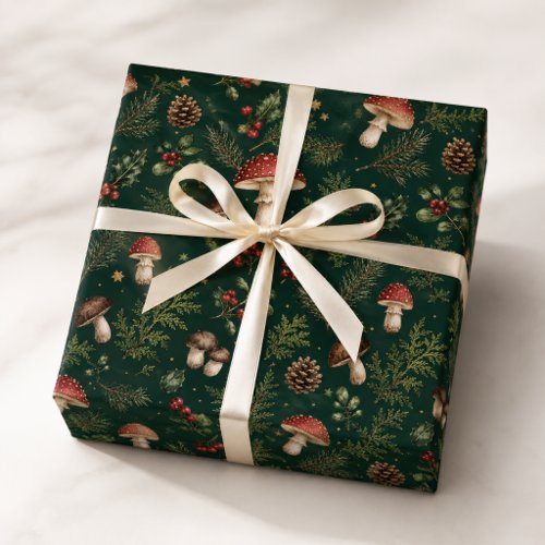 Dark Green Cottagecore Mushroom Christmas Pattern Wrapping Paper