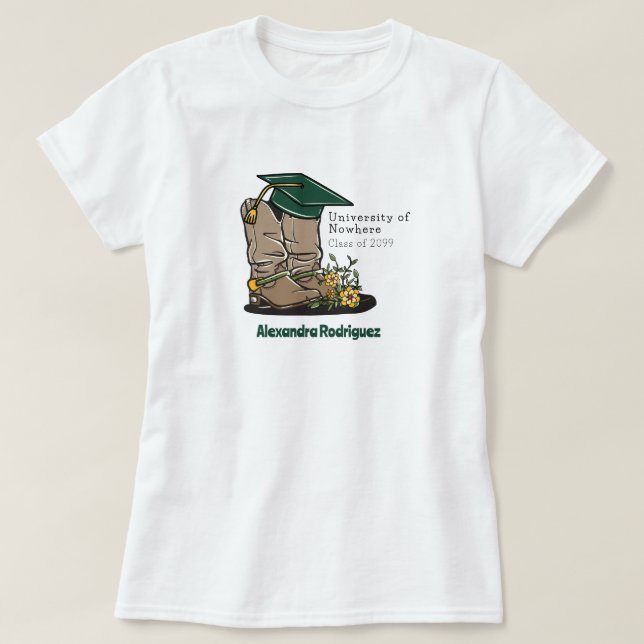 Dark Green Cowboy Boot Graduation Cap & Flowers T-Shirt (Design Front)