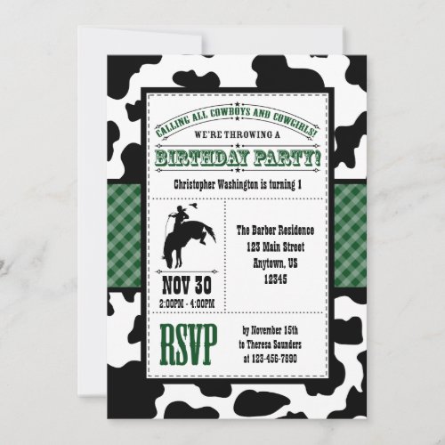 Dark Green Cowhide Cowboy Birthday Invitation