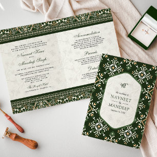 Dark Green Cross-stitch All in One Sikh Wedding Invitation