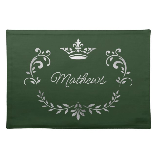 Dark Green Crown Crest Personalized Cloth Placemat (Front)