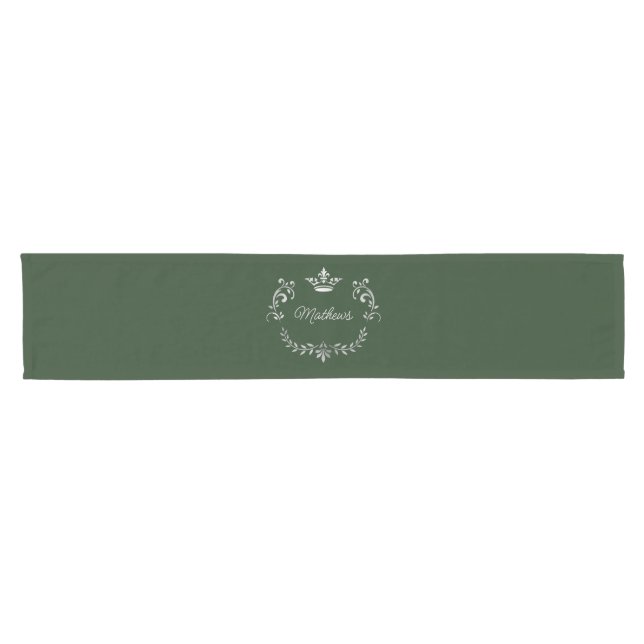 Dark Green Crown Crest Personalized  Short Table Runner (Horizontal)
