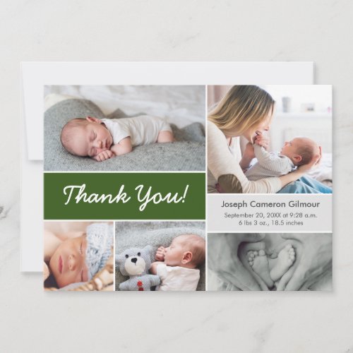 Dark Green Custom Photo Collage Baby Boy Birth  Thank You Card