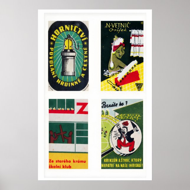 Dark Green Czechoslovak Matchbox Labels Grid Poster (Front)