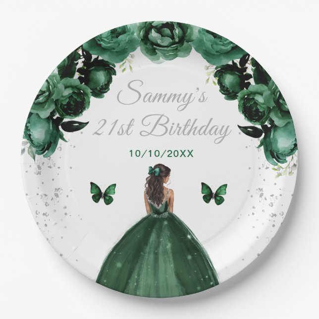 Dark Green Dark Skin Princess Birthday Party Paper Plates (Front)