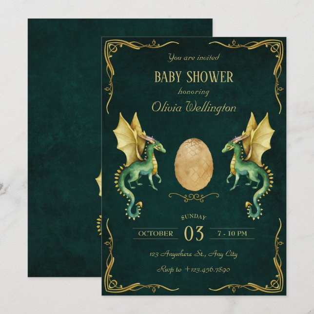 Dark Green dragon with gold egg baby shower Invitation (Front/Back)
