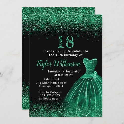 Dark Green Dress Faux Glitter Birthday Party Invitation