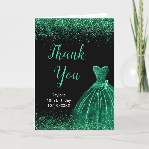 Dark Green Dress Faux Glitter Birthday Thank You