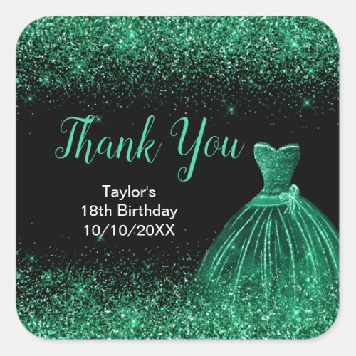 Dark Green Dress Faux Glitter Birthday Thank You Square Sticker