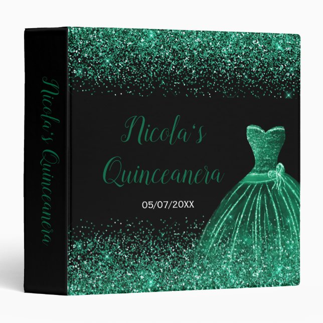 Dark Green Dress Faux Glitter Quinceanera Album 3 Ring Binder (Front/Spine)
