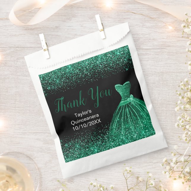 Dark Green Dress Faux Glitter Quinceanera Favor Bag (Clipped)