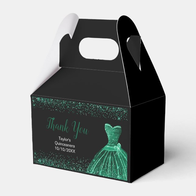 Dark Green Dress Faux Glitter Quinceanera Favor Boxes (Front Side)